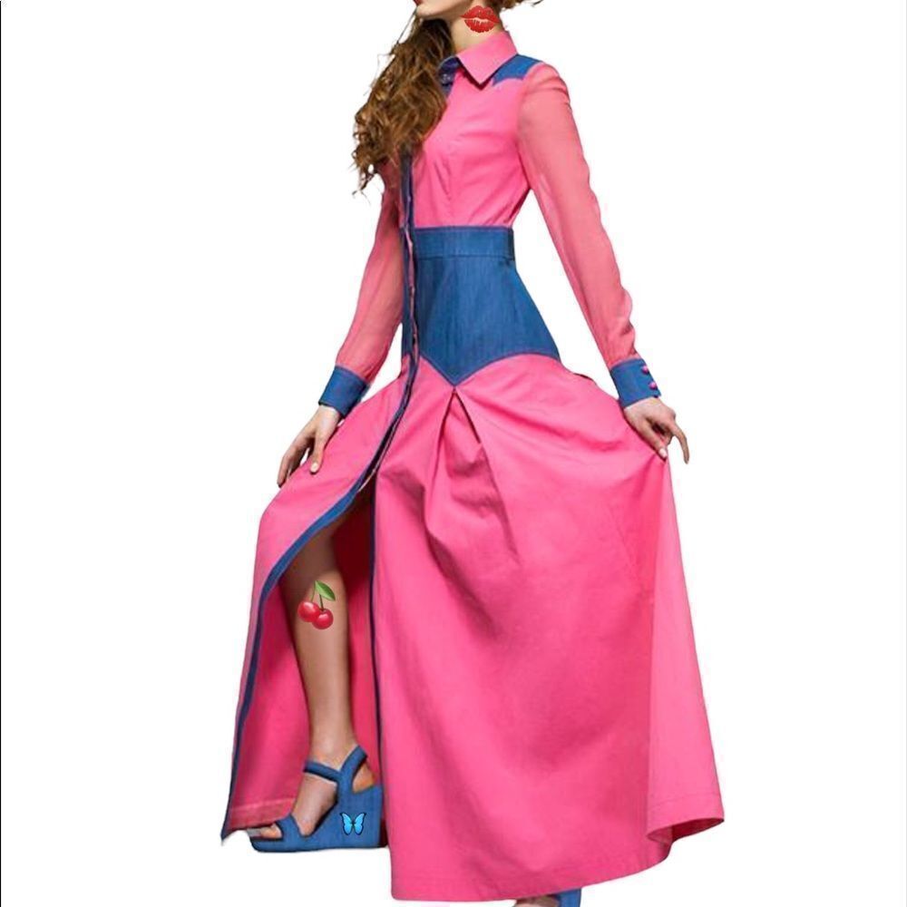Lattori Color Block Slim Waist Maxi Dress Pink Crimson Denim Insert NEW Size XS